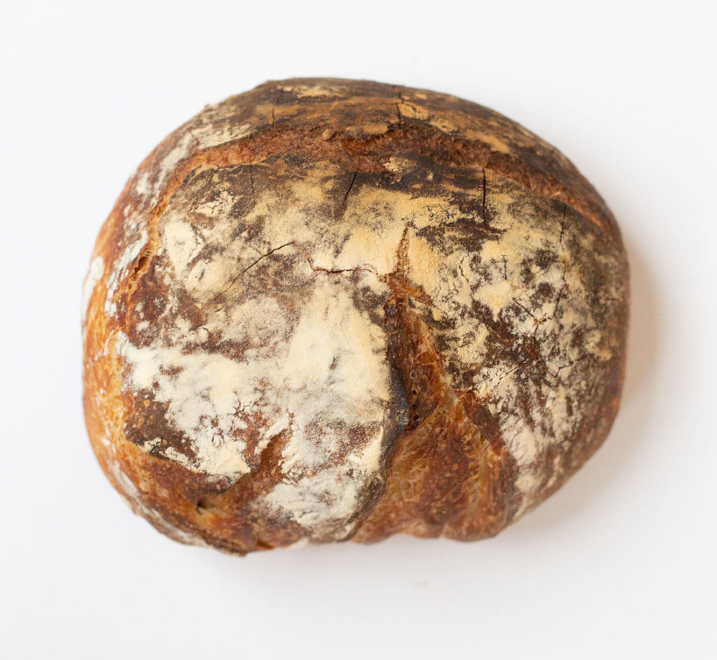No knead bread made from bread, yeast, lager, salt, vinegar and water.