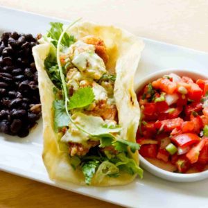 shrimp taco, corn tortilla, stewed black beans, pico de gallo