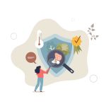 illustration of woman cooking with fish, a thermometer food safety