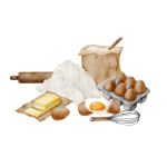 illustration of eggs, flour, butter a rolling pin and whisk
