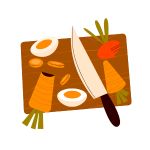 illustration of a cutting board with carrots, radish and a butcher knife